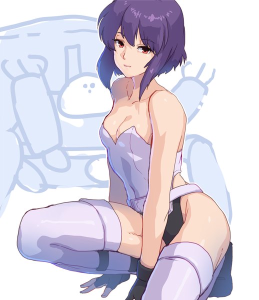 Anime picture 917x1061 with ghost in the shell production i.g kusanagi motoko tachikoma katsuoboshi single tall image looking at viewer fringe short hair light erotic smile red eyes white background bare shoulders cleavage purple hair squat girl gloves