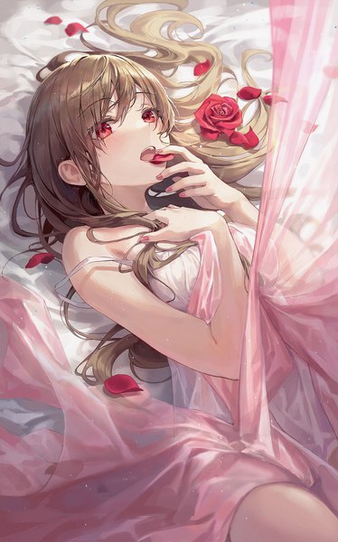 Anime picture 1200x1925 with original r o ha single long hair tall image blush fringe open mouth red eyes brown hair lying nail polish fingernails from above teeth on back hand on chest looking up strap slip messy hair