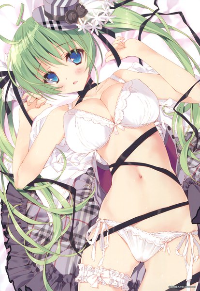 Anime picture 2626x3800 with melonbooks melon-chan tsurusaki takahiro single long hair tall image looking at viewer blush fringe highres blue eyes light erotic twintails lying green hair scan official art underwear only naked ribbon girl