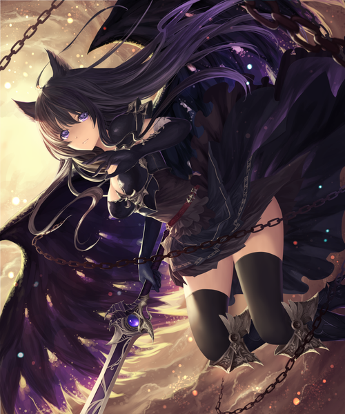 Anime picture 990x1188 with original aruku single long hair tall image looking at viewer fringe breasts black hair hair between eyes large breasts purple eyes holding animal ears cleavage purple hair ahoge multicolored hair cat ears cat girl