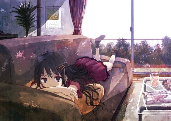 Anime picture 1080x764 with original yakka single long hair looking at viewer black hair purple eyes lying on stomach girl dress hair ornament plant (plants) socks window pillow black socks couch table drink