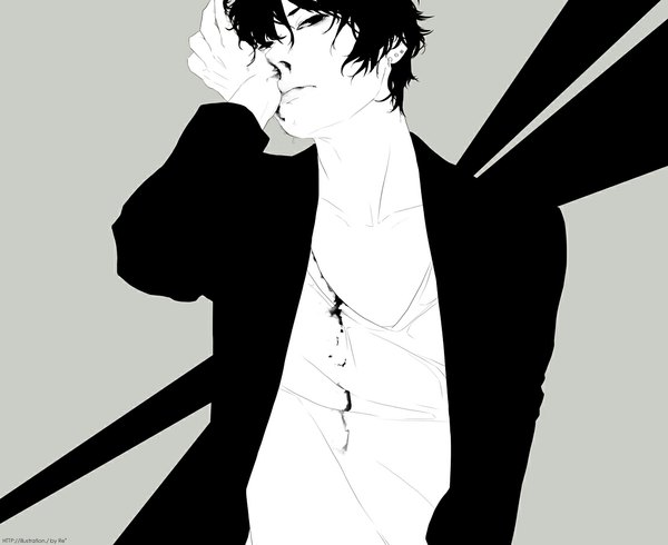 Anime picture 1128x923 with original re (artist) single looking at viewer short hair simple background signed grey background piercing monochrome ear piercing hand on face boy blood