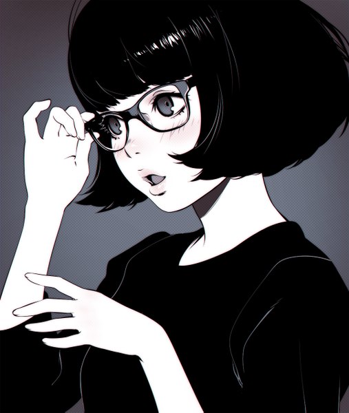 Anime picture 1080x1277 with original ilya kuvshinov single tall image blush short hair open mouth blunt bangs lips :o looking down monochrome portrait checkered surprised checkered background adjusting glasses bob cut girl glasses