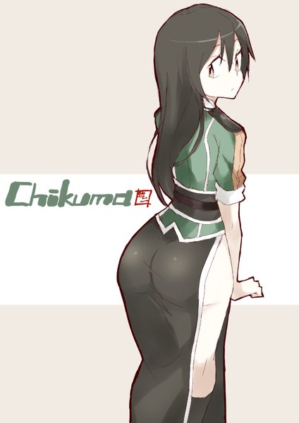 Anime picture 600x849 with kantai collection chikuma heavy cruiser chikuma (kantai collection) souji single long hair tall image light erotic black hair brown eyes ass looking back from behind short sleeves character names no panties back side slit girl thighhighs