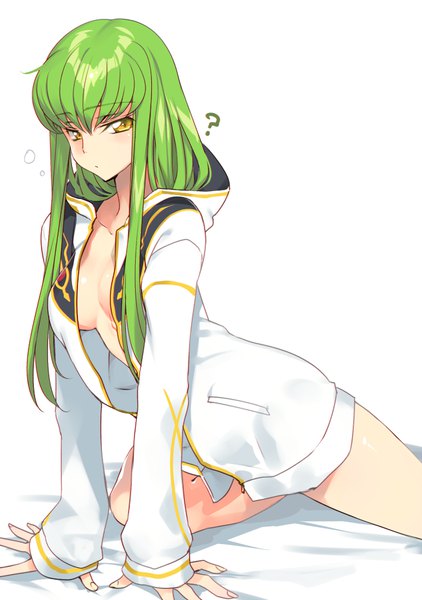 Anime picture 650x923 with code geass sunrise (studio) c.c. creayus single long hair tall image looking at viewer blush fringe breasts light erotic simple background white background yellow eyes cleavage indoors long sleeves green hair arm support