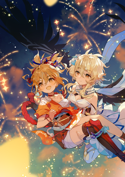 Anime picture 2480x3508 with genshin impact lumine (genshin impact) yoimiya (genshin impact) zishengtian123 tall image fringe highres short hair open mouth blonde hair smile hair between eyes multiple girls yellow eyes ponytail :d flying fireworks carrying princess carry