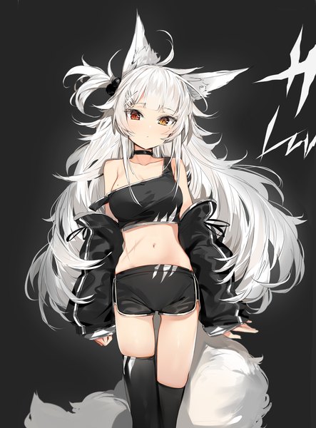 Anime picture 1700x2300 with original silver (chenwen) single long hair tall image looking at viewer blush fringe breasts light erotic simple background red eyes standing bare shoulders animal ears yellow eyes ahoge white hair tail blunt bangs