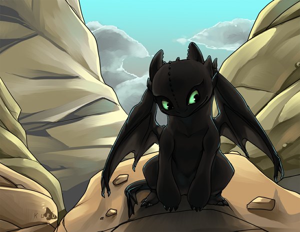 Anime picture 1100x850 with how to train your dragon dreamworks toothless kuroichoucho sitting green eyes animal ears looking away sky cloud (clouds) tail squat no people chibi rock dragon wings wings dragon stone (stones)