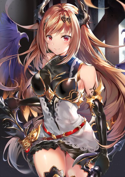 Anime picture 1086x1537 with shingeki no bahamut dark angel olivia hinahino single long hair tall image blush fringe breasts smile red eyes standing bare shoulders holding payot looking away pleated skirt horn (horns) orange hair thighs