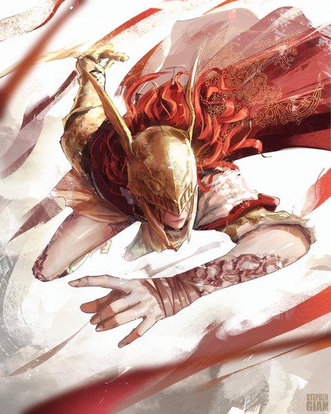 Anime picture 2800x3500 with elden ring malenia blade of miquella stephengiannart single long hair tall image highres holding signed red hair outstretched arm fighting stance girl weapon cape helmet blade