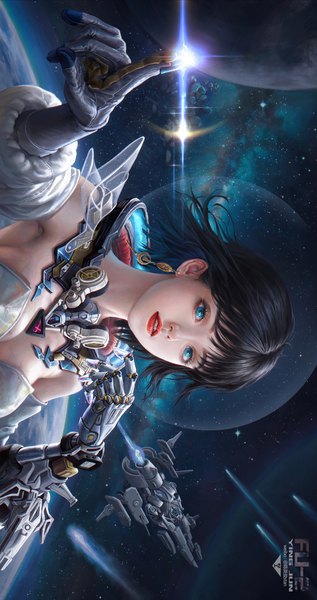 Anime picture 3000x5683 with original chen yingjun single tall image looking at viewer fringe highres short hair breasts blue eyes light erotic black hair signed upper body lips realistic lipstick red lipstick space mecha musume