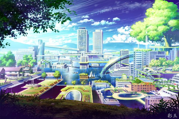 Anime picture 1000x664 with original saitama_bg sky cloud (clouds) city plant (plants) tree (trees) sea building (buildings) house