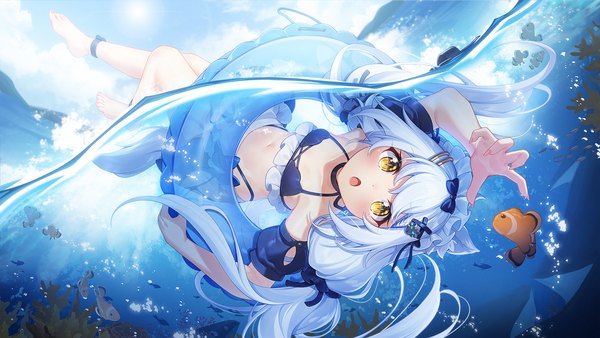 Anime picture 1920x1080 with virtual youtuber elza (vtuber) dango remi single long hair looking at viewer blush fringe highres open mouth light erotic wide image twintails holding animal ears yellow eyes payot sky silver hair cloud (clouds)