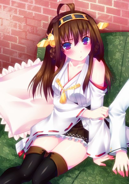 Anime picture 700x1000 with kantai collection kongou battleship door to heaven long hair tall image blush brown hair sitting purple eyes ahoge traditional clothes nontraditional miko girl thighhighs hair ornament detached sleeves couch