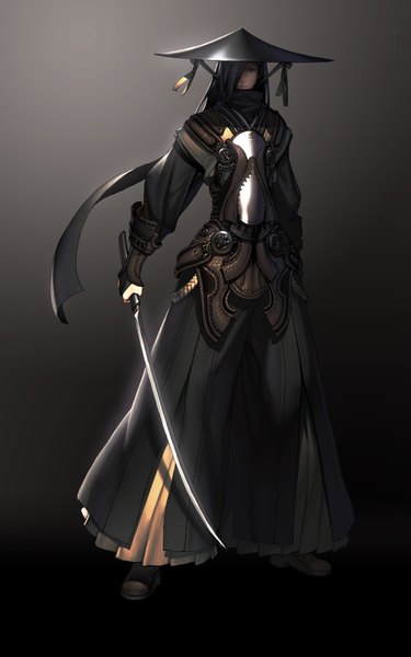 Anime picture 5020x8037 with blade & soul kim hyung tae single long hair tall image fringe highres black hair simple background absurdres hair over one eye black background boy weapon sword armor katana