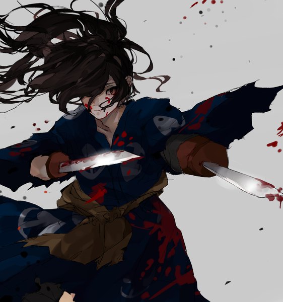 Anime picture 1500x1600 with dororo (tezuka) hyakkimaru (dororo) kuku a2 single long hair tall image looking at viewer fringe black hair simple background red eyes standing ponytail traditional clothes japanese clothes hair over one eye grey background wide sleeves floating hair fighting stance