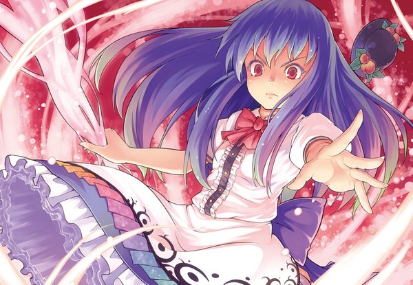 Anime picture 1026x710 with touhou hinanawi tenshi kanini single long hair red eyes blue hair magic girl dress hat peach