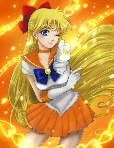 Anime picture 1000x1300 with bishoujo senshi sailor moon toei animation aino minako sailor venus ginshima jill single tall image looking at viewer blush fringe blue eyes blonde hair standing very long hair pleated skirt one eye closed light smile wink floating hair outstretched arm