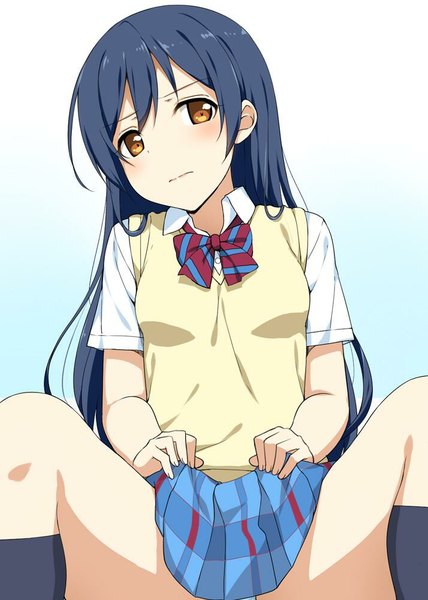 Anime picture 714x1000 with love live! school idol project sunrise (studio) love live! sonoda umi takayaki single long hair tall image looking at viewer blush light erotic sitting holding brown eyes blue hair spread legs embarrassed skirt lift frown girl