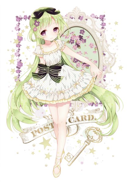 Anime picture 2971x4203 with original wasabi (sekai) single long hair tall image looking at viewer highres purple eyes green hair scan girl dress flower (flowers) bow hair bow star (symbol) key