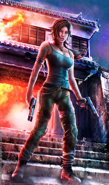 Anime picture 1894x3192 with tomb raider lara croft eddy-shinjuku single long hair tall image looking at viewer fringe highres open mouth brown hair bare shoulders brown eyes signed realistic girl weapon choker gun building (buildings)