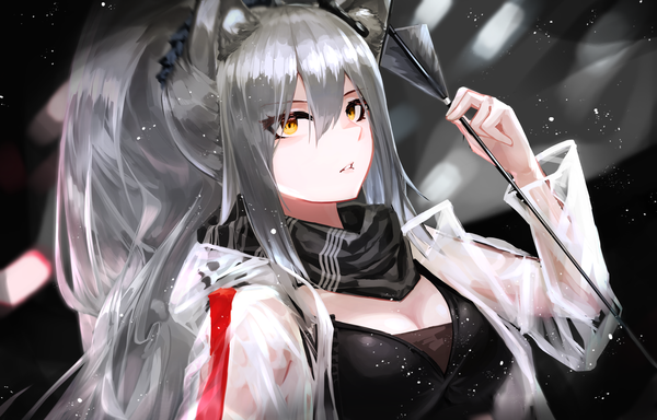 Anime picture 2017x1290 with arknights schwarz (arknights) wildbori single long hair looking at viewer fringe highres breasts hair between eyes standing holding animal ears yellow eyes payot cleavage upper body ponytail parted lips grey hair