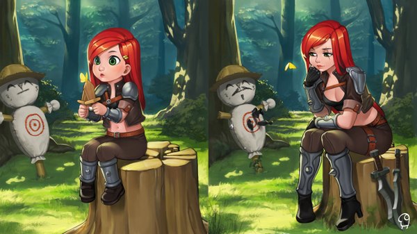 Anime picture 2560x1440 with league of legends katarina (league of legends) bling single long hair fringe highres wide image sitting green eyes red hair lips scar girl gloves weapon plant (plants) tree (trees) black gloves belt