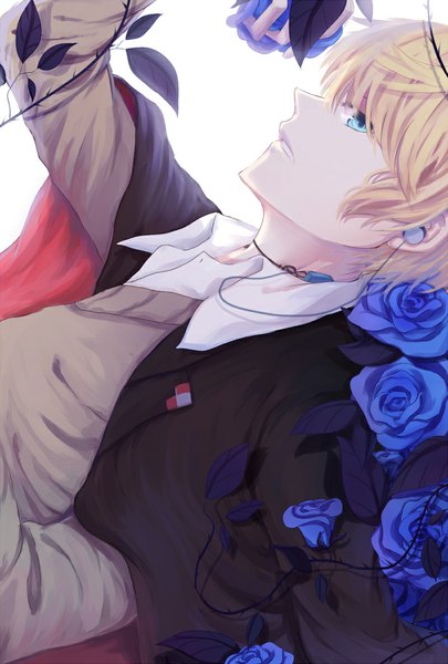 Anime picture 800x1184 with diabolik lovers idea factory sakamaki shuu tall image looking at viewer short hair blue eyes simple background blonde hair white background profile boy flower (flowers) headphones rose (roses) blue rose