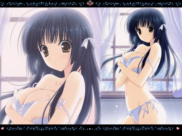 Anime picture 1600x1200 with stellar theater himenomiya kaguya suzuhira hiro single long hair fringe breasts light erotic black hair large breasts brown eyes looking away wind wallpaper underwear only breast hold zoom layer girl underwear panties