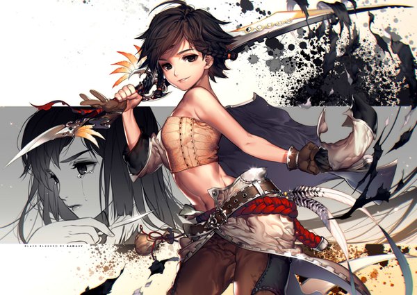 Anime picture 1280x908 with original kawacy long hair short hair black hair smile bare shoulders holding ahoge braid (braids) black eyes bare belly tears monochrome shiny girl gloves weapon belt feather (feathers)