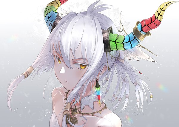 Anime picture 1023x724 with original kachi single looking at viewer fringe short hair simple background hair between eyes bare shoulders yellow eyes payot silver hair ahoge horn (horns) gradient background portrait expressionless girl earrings hair tubes