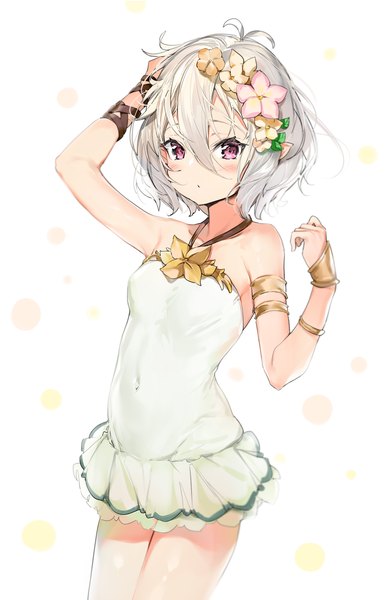 Anime picture 1300x2000 with princess connect! re:dive princess connect! kokkoro (princess connect!) silver (chenwen) single tall image looking at viewer blush fringe short hair breasts light erotic simple background hair between eyes red eyes standing white background bare shoulders holding silver hair