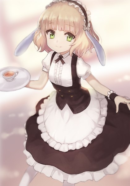 Anime picture 700x1000 with gochuumon wa usagi desu ka? white fox kirima sharo meto31 single tall image looking at viewer short hair blonde hair green eyes animal ears blunt bangs from above light smile blurry maid fake animal ears girl uniform headdress