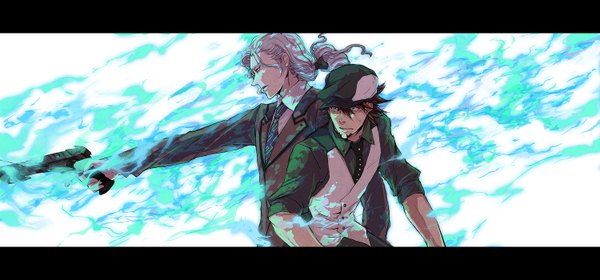 Anime picture 1500x700 with tiger & bunny sunrise (studio) kaburagi t. kotetsu yuri petrov long hair fringe short hair black hair wide image brown eyes ponytail profile boy hat shirt necktie vest fire pistol