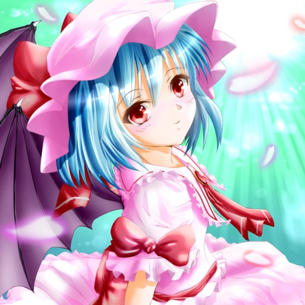 Anime picture 2200x2200 with touhou remilia scarlet tamiteddoo (teaspoon0204) single blush highres short hair red eyes blue hair girl dress petals wings bowtie bonnet