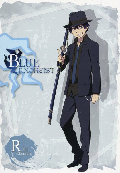 Anime picture 963x1379 with ao no exorcist a-1 pictures okumura rin single tall image looking at viewer short hair blue eyes simple background smile standing blue hair grey background alternate costume weapon hat shirt sword necktie katana