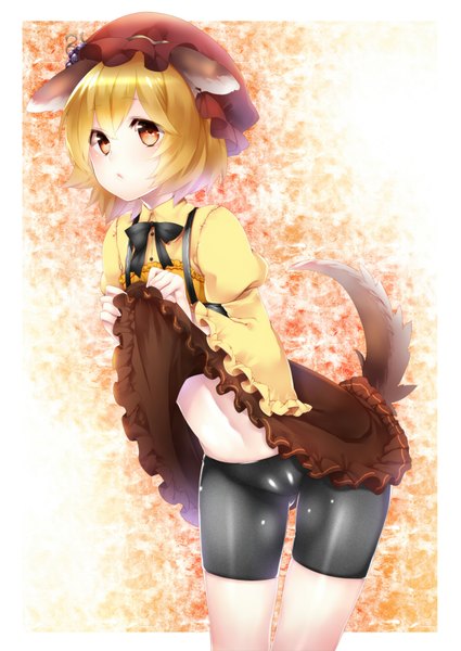 Anime picture 1222x1725 with touhou aki minoriko yutazou single tall image short hair light erotic blonde hair animal ears animal tail orange eyes dress lift girl navel bonnet leggings