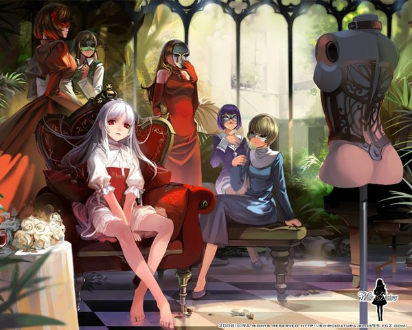 Anime picture 1500x1200 with sound horizon elysion elice (sound horizon) yield soror stardust baroque sacrifice alphonse (white datura) long hair looking at viewer fringe short hair blonde hair red eyes brown hair standing sitting multiple girls holding