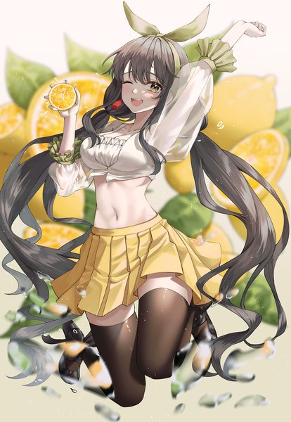 Anime picture 2000x2900 with original jisu lee single long hair tall image looking at viewer blush fringe highres breasts open mouth black hair smile twintails holding yellow eyes full body long sleeves pleated skirt one eye closed