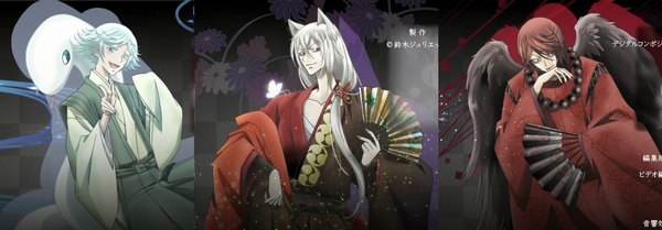 Anime picture 1942x678 with kamisama hajimemashita tomoe (kamisama hajimemashita) mizuki (kamisama hajimemashita) kurama (kamisama hajimemashita) long hair fringe short hair open mouth smile brown hair wide image holding animal ears silver hair traditional clothes japanese clothes fingernails fox ears glowing happy