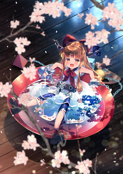Anime picture 1000x1416 with touhou ibuki suika hiiragi akio single long hair tall image looking at viewer blush open mouth full body :d horn (horns) orange hair orange eyes depth of field cherry blossoms girl bow hair bow petals