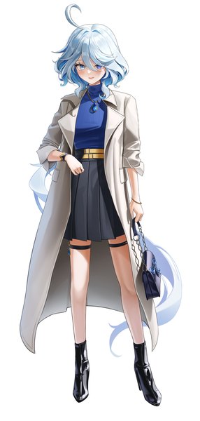 Anime picture 2859x6000 with genshin impact furina (genshin impact) tiokun7 single tall image fringe highres blue eyes simple background hair between eyes standing white background silver hair full body ahoge very long hair pleated skirt alternate costume girl skirt