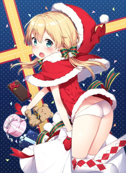 Anime picture 1030x1414 with kantai collection prinz eugen (kantai collection) masuishi kinoto single long hair tall image looking at viewer blush short hair open mouth blue eyes light erotic blonde hair twintails bent knee (knees) ass :o leaning alternate costume low twintails