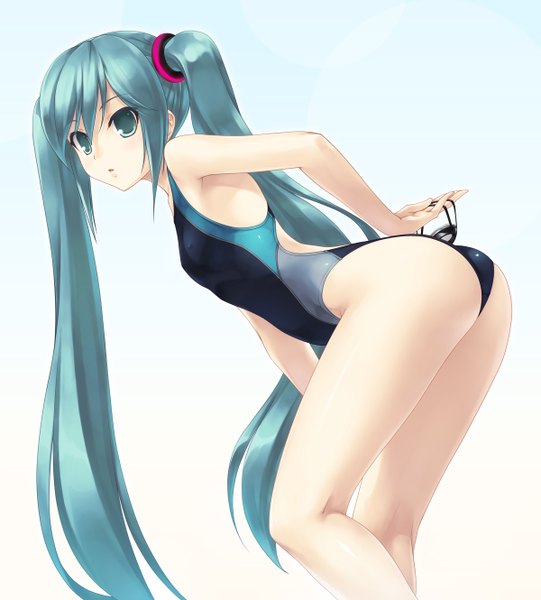 Anime picture 1200x1330 with vocaloid hatsune miku wacchi single tall image light erotic simple background white background twintails ass very long hair aqua eyes aqua hair girl swimsuit