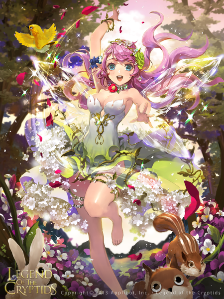 Anime picture 700x933 with legend of the cryptids tob single long hair tall image looking at viewer blush fringe open mouth blue eyes smile bare shoulders pink hair cleavage bent knee (knees) outdoors barefoot hair flower wind inscription