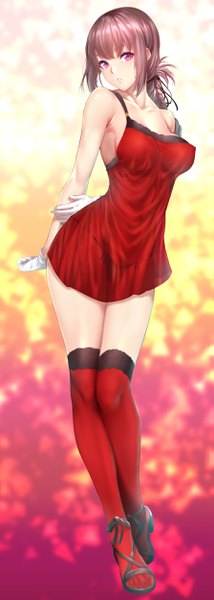 Anime picture 893x2500 with fate (series) fate/grand order florence nightingale (fate) zucchini single long hair tall image looking at viewer blush fringe breasts light erotic simple background large breasts standing bare shoulders payot pink hair full body blunt bangs