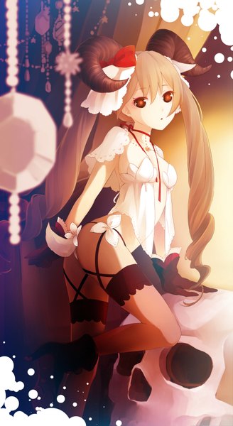 Anime picture 960x1754 with original ahira yuzu single long hair tall image looking at viewer light erotic brown hair twintails brown eyes horn (horns) drill hair girl thighhighs dress gloves bow
