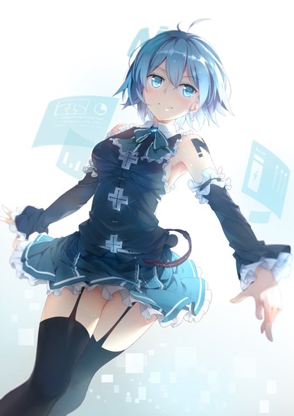 Anime picture 1240x1754 with original lf single tall image blush short hair blue eyes light erotic smile white background blue hair pleated skirt armpit (armpits) tattoo spread arms girl thighhighs skirt black thighhighs detached sleeves