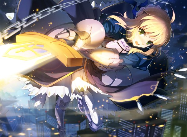 Anime picture 1200x880 with fate (series) fate/stay night artoria pendragon (all) saber vmax-ver (a3eilm2s2y) single long hair open mouth blonde hair green eyes ahoge bent knee (knees) night night sky city screaming glowing weapon girl weapon sword