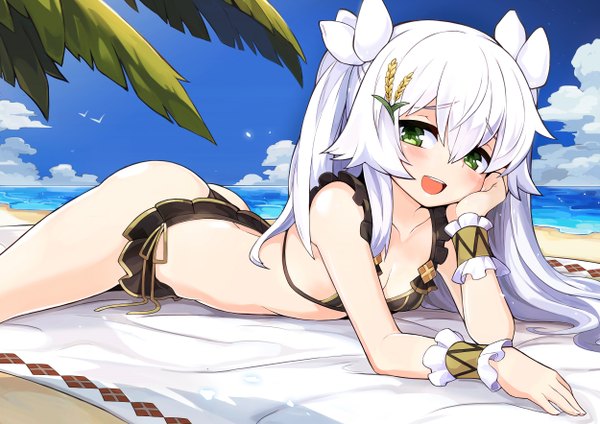 Anime picture 2500x1767 with dong-jin rice-hime suiji mou tama maru single long hair looking at viewer blush fringe highres open mouth light erotic smile hair between eyes green eyes sky cloud (clouds) outdoors ass white hair lying